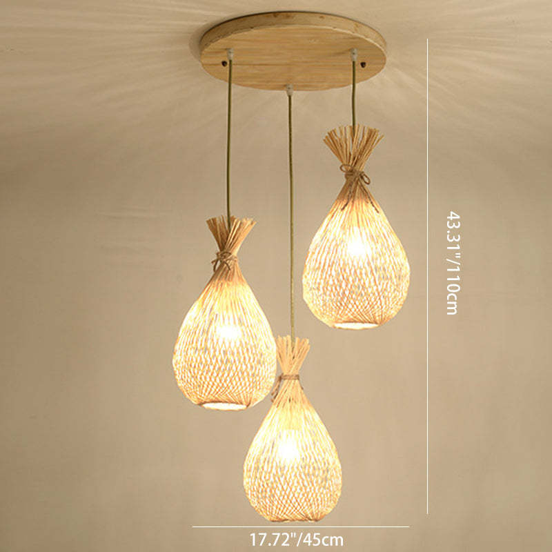 Japanese Bamboo Woven Lucky Bag Chandelier — Round Base - 3 / 220V-240V For UK/AU