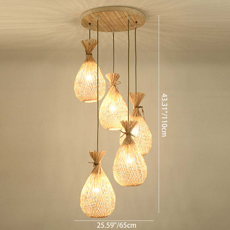 Japanese Bamboo Woven Lucky Bag Chandelier — Round Base - 5 / 110V-120V For US/CA