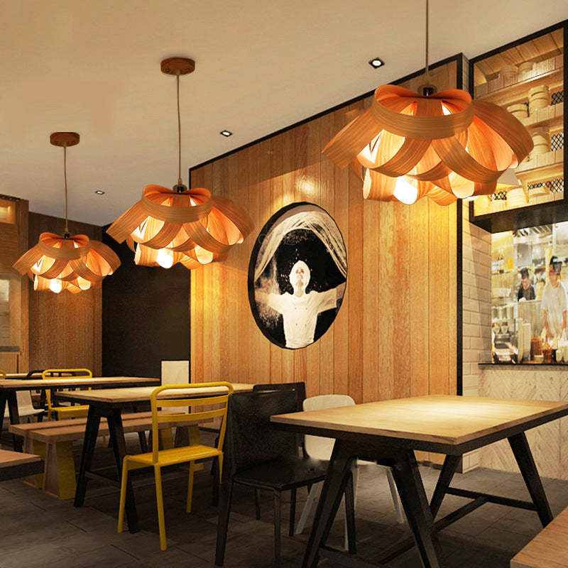 Chinese Natural Wood Veneer Ring Pendant Light — Rubberwood Color / 110V-120V For US/CA