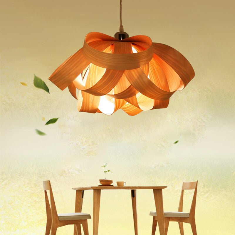 Chinese Natural Wood Veneer Ring Pendant Light