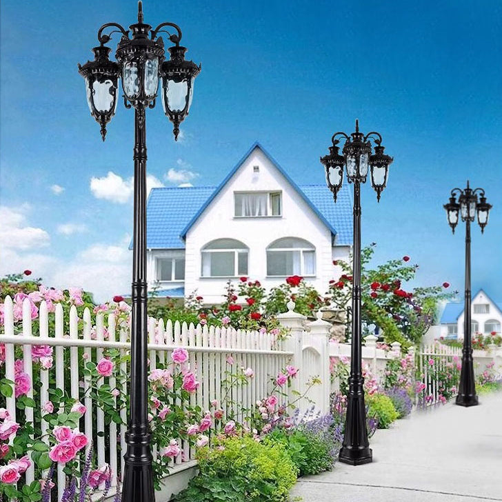 European Aluminum Water Glass 3-Light Post Outdoor Light