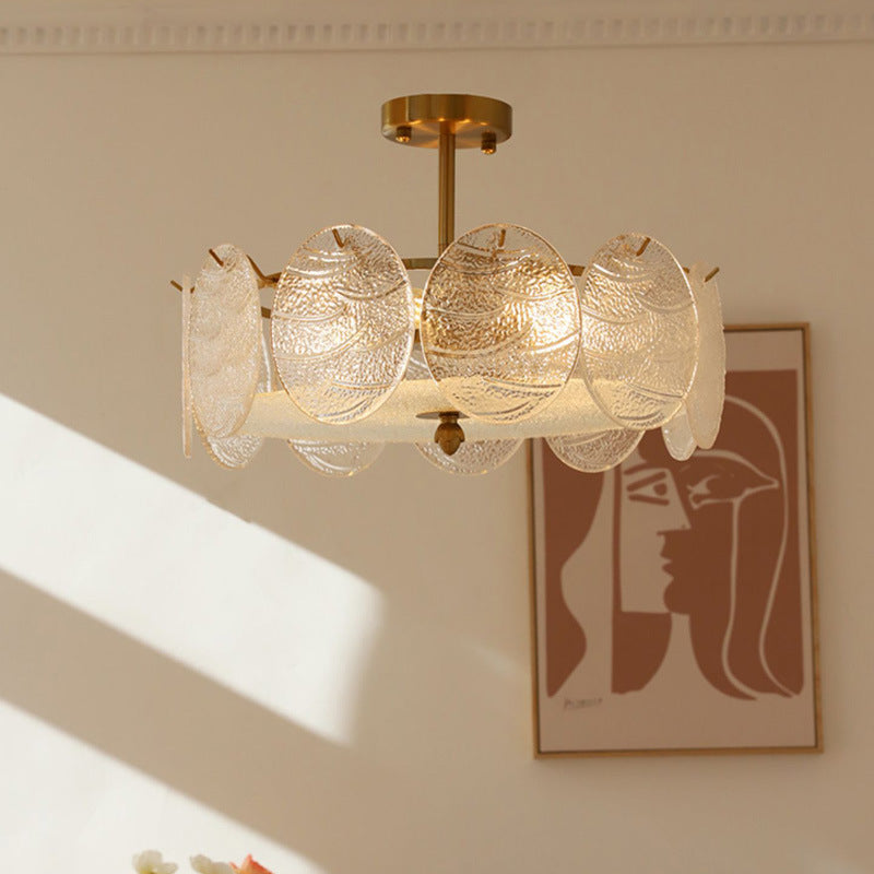 French Iron Glass Round Semi-Flush Ceiling Light