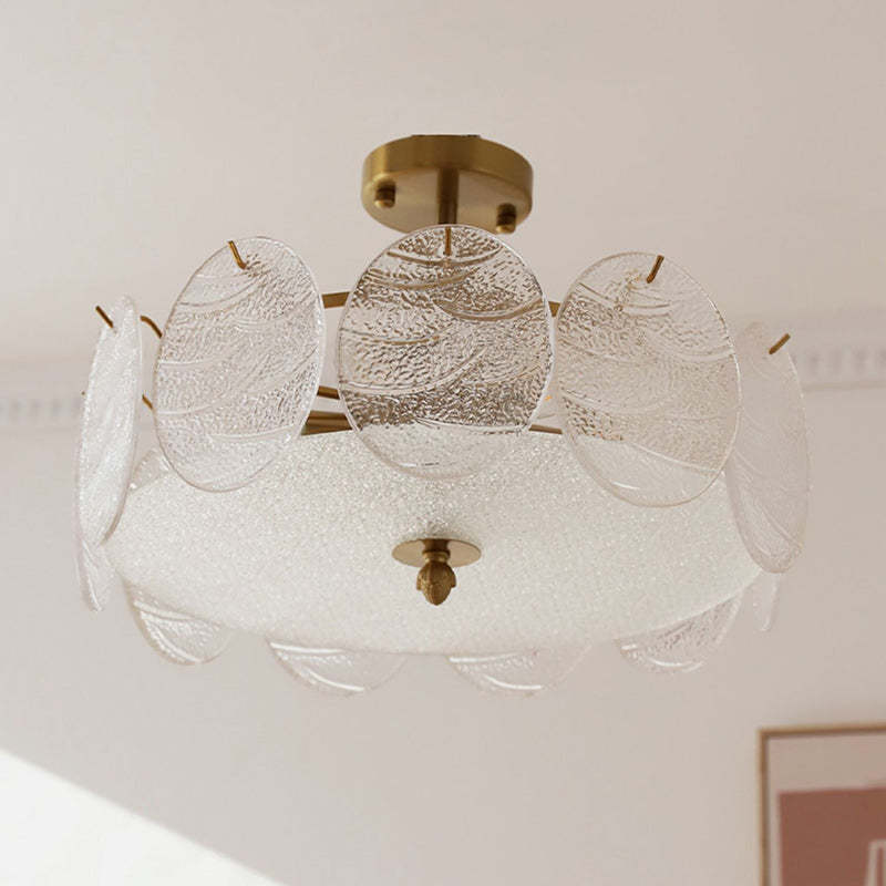 French Iron Glass Round Semi-Flush Ceiling Light