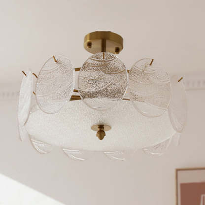French Iron Glass Round Semi-Flush Ceiling Light