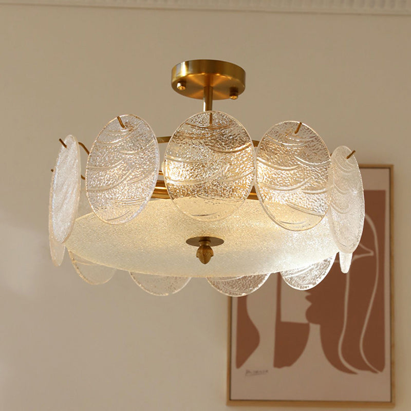 French Iron Glass Round Semi-Flush Ceiling Light