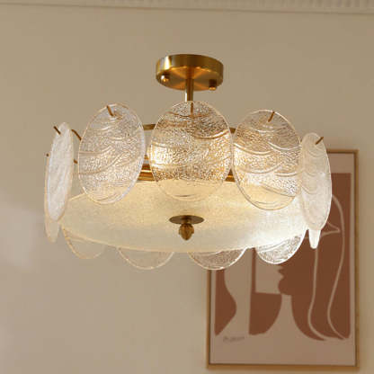 French Iron Glass Round Semi-Flush Ceiling Light