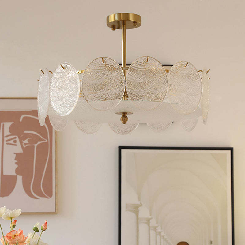 French Iron Glass Round Semi-Flush Ceiling Light