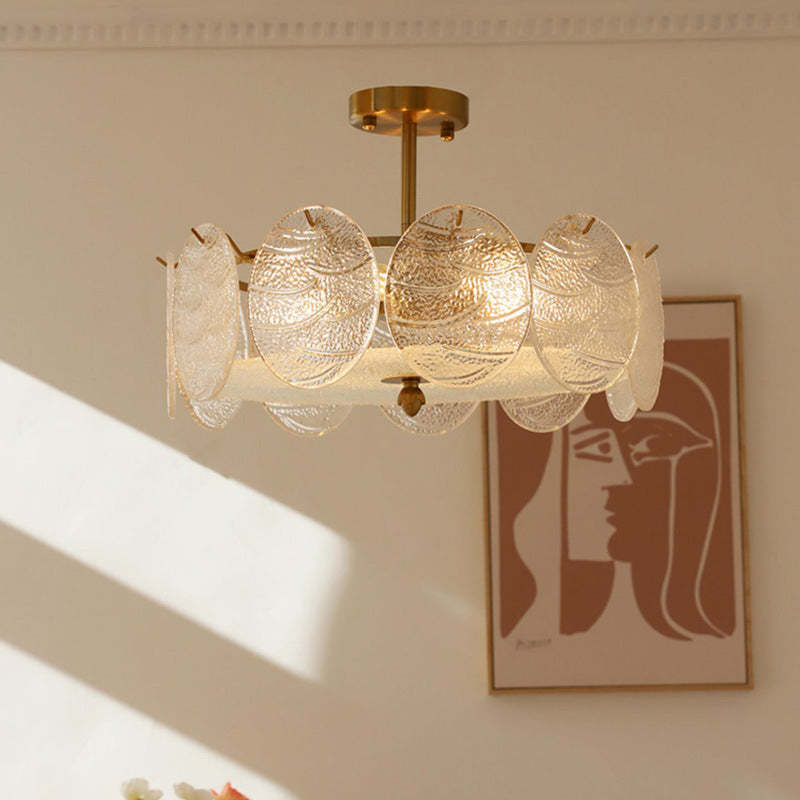French Iron Glass Round Semi-Flush Ceiling Light