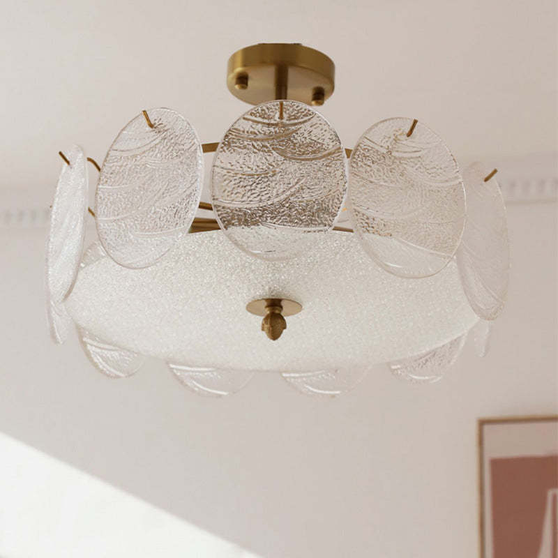 French Iron Glass Round Semi-Flush Ceiling Light