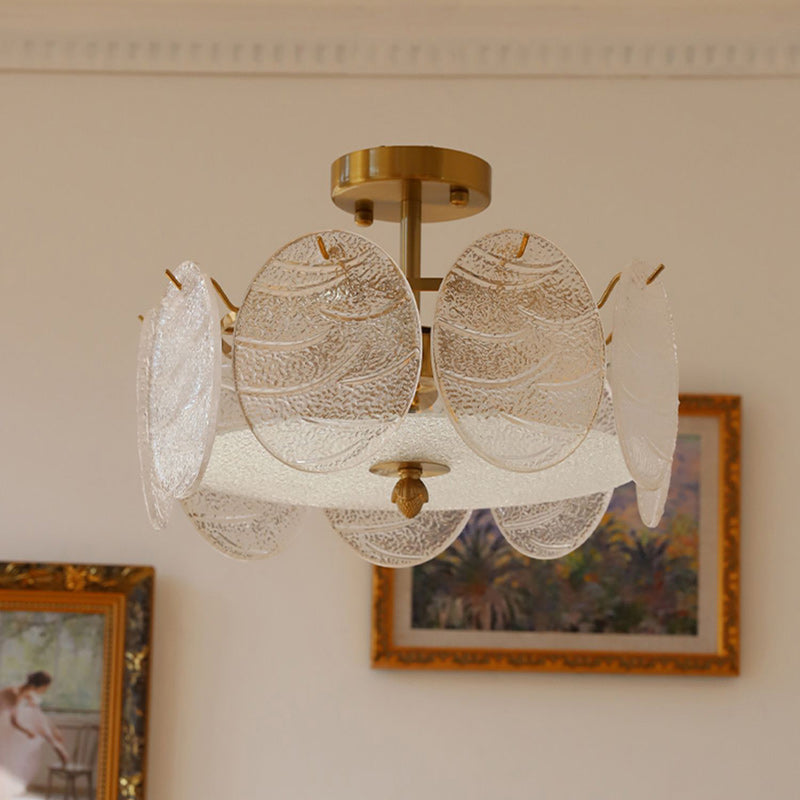 French Iron Glass Round Semi-Flush Ceiling Light
