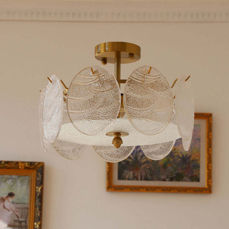 French Iron Glass Round Semi-Flush Ceiling Light