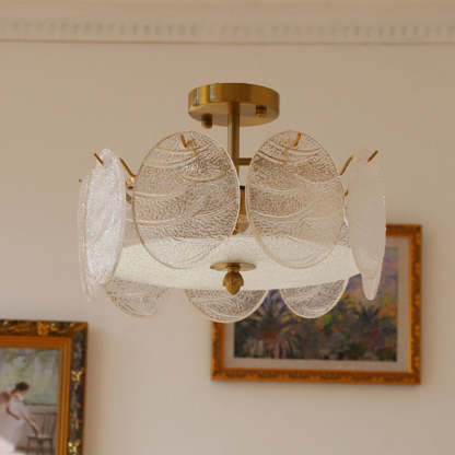 French Iron Glass Round Semi-Flush Ceiling Light