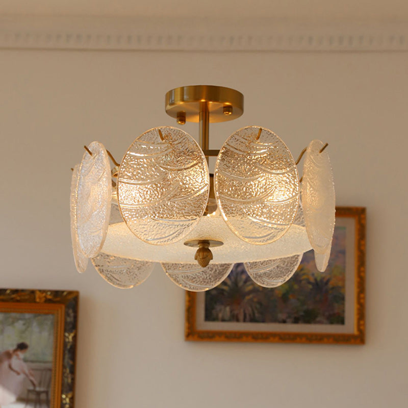 French Iron Glass Round Semi-Flush Ceiling Light