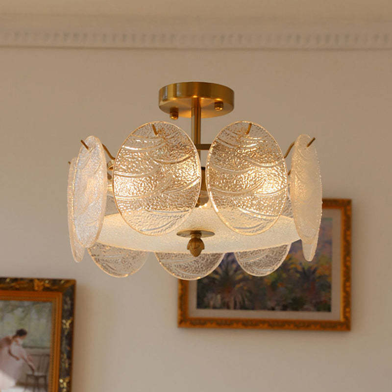 French Iron Glass Round Semi-Flush Ceiling Light