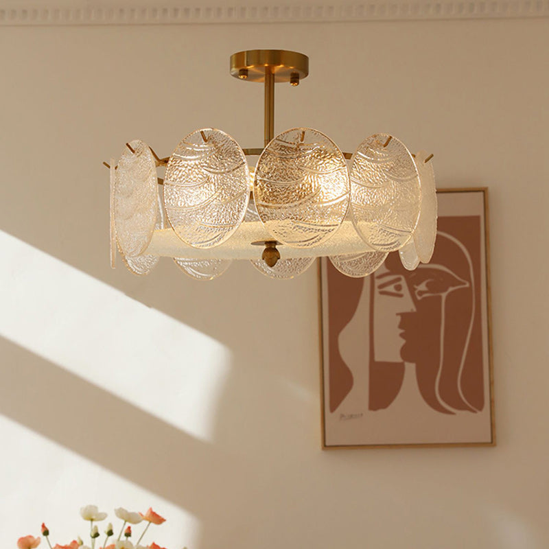 French Iron Glass Round Semi-Flush Ceiling Light