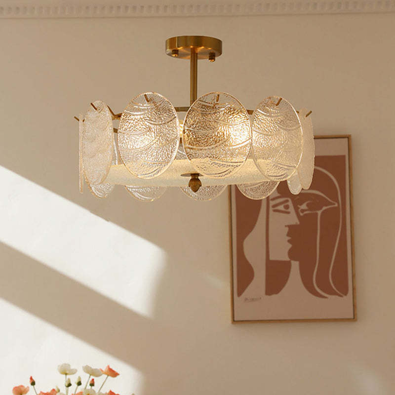 French Iron Glass Round Semi-Flush Ceiling Light