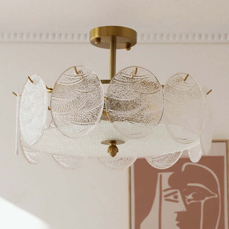 French Iron Glass Round Semi-Flush Ceiling Light