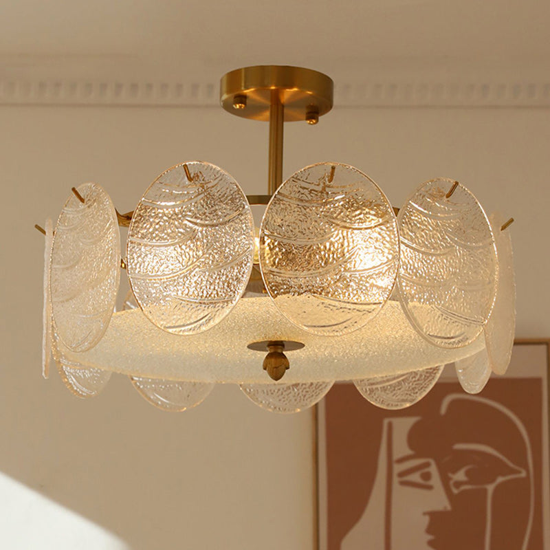 French Iron Glass Round Semi-Flush Ceiling Light