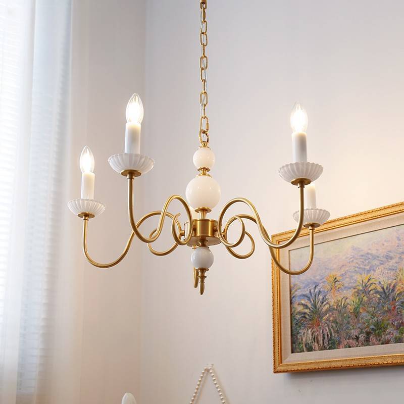 French Brass Glass Curved Candelabra Chandelier
