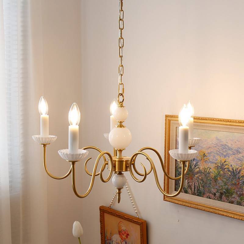 French Brass Glass Curved Candelabra Chandelier