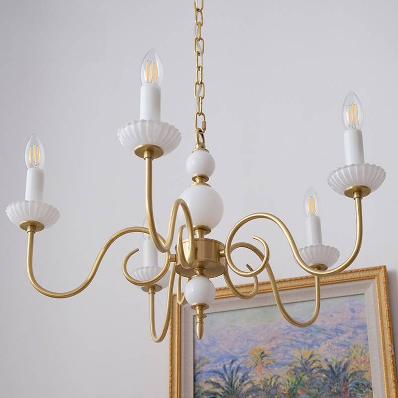 French Brass Glass Curved Candelabra Chandelier