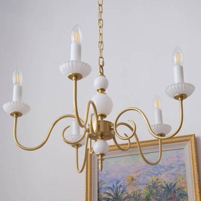 French Brass Glass Curved Candelabra Chandelier