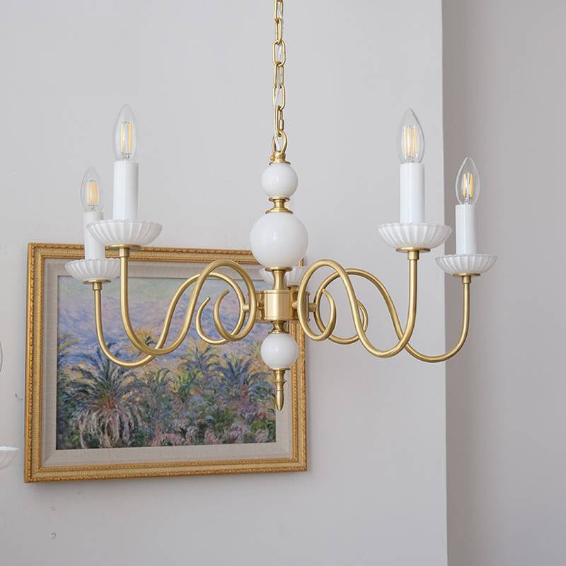 French Brass Glass Curved Candelabra Chandelier