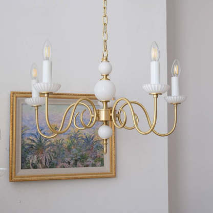 French Brass Glass Curved Candelabra Chandelier