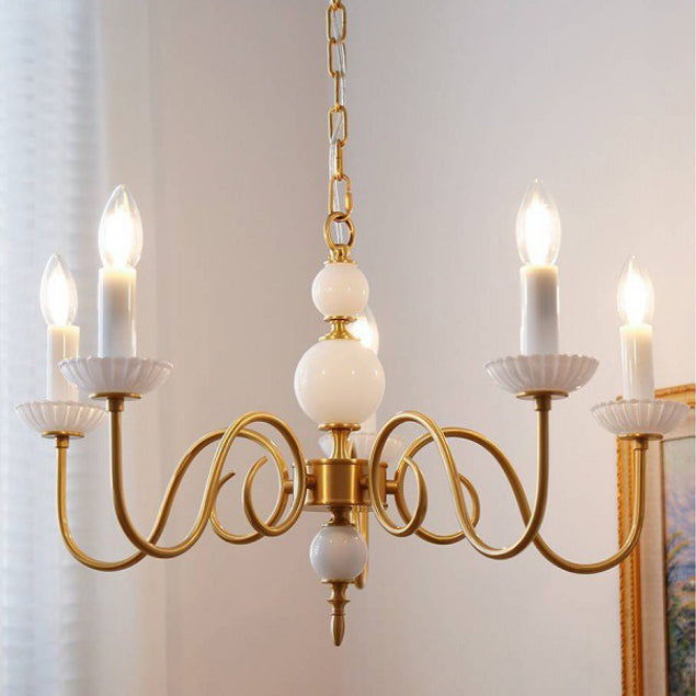 French Brass Glass Curved Candelabra Chandelier