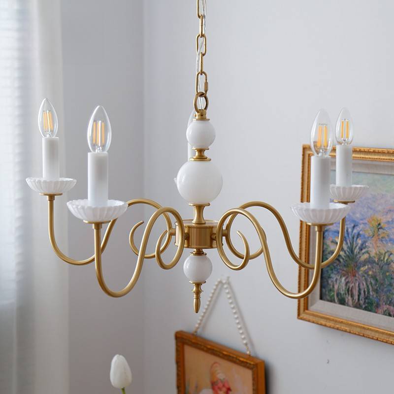 French Brass Glass Curved Candelabra Chandelier