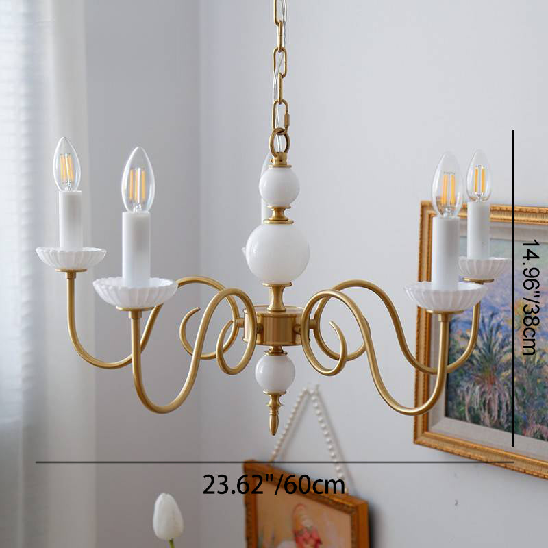 French Brass Glass Curved Candelabra Chandelier — 5 / 220V-240V For UK/AU