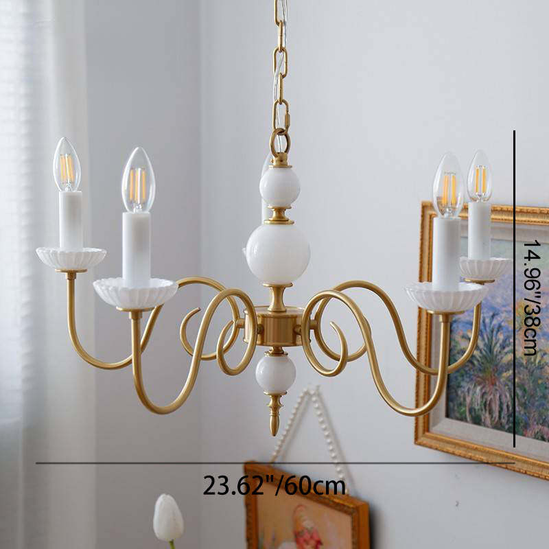 French Brass Glass Curved Candelabra Chandelier — 5 / 220V-240V For UK/AU