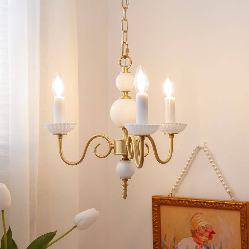 French Brass Glass Curved Candelabra Chandelier — 3 / 220V-240V For UK/AU