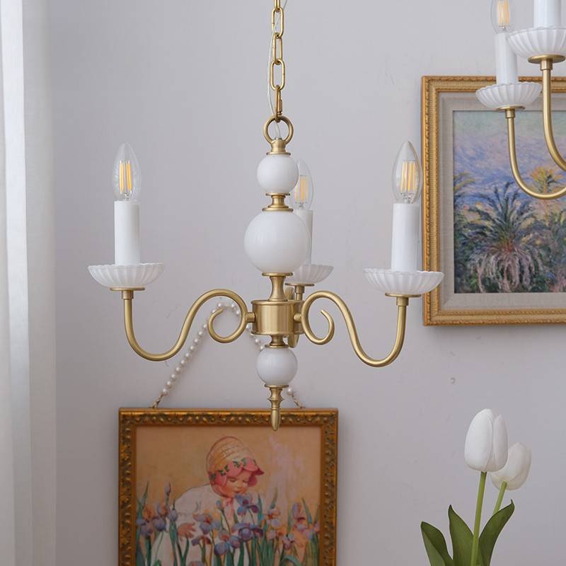 French Brass Glass Curved Candelabra Chandelier