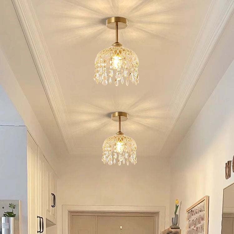 Traditional French Iron Crystal & Glass Dome Tassel 1-Light Semi-Flush Mount Ceiling Light For Hallway