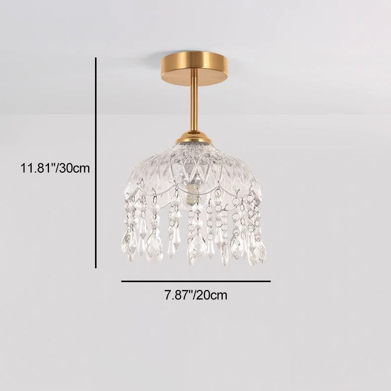 Traditional French Iron Crystal & Glass Dome Tassel 1-Light Semi-Flush Mount Ceiling Light For Hallway
