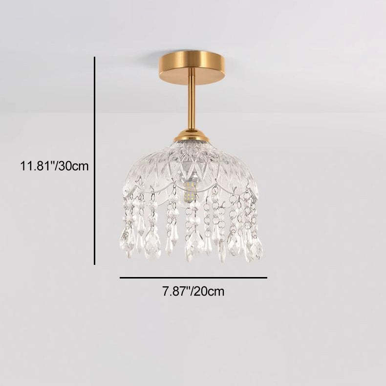 Traditional French Iron Crystal & Glass Dome Tassel 1-Light Semi-Flush Mount Ceiling Light For Hallway
