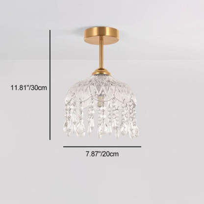 Traditional French Iron Crystal & Glass Dome Tassel 1-Light Semi-Flush Mount Ceiling Light For Hallway