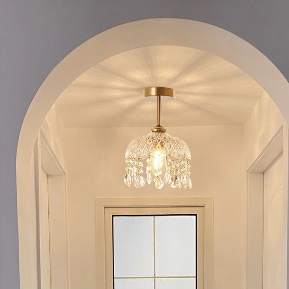 Traditional French Iron Crystal & Glass Dome Tassel 1-Light Semi-Flush Mount Ceiling Light For Hallway