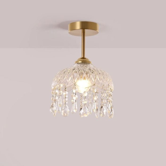 Traditional French Iron Crystal & Glass Dome Tassel 1-Light Semi-Flush Mount Ceiling Light For Hallway