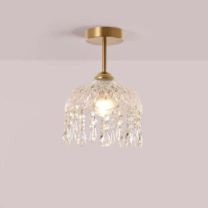 Traditional French Iron Crystal & Glass Dome Tassel 1-Light Semi-Flush Mount Ceiling Light For Hallway