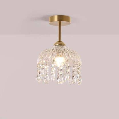 Traditional French Iron Crystal & Glass Dome Tassel 1-Light Semi-Flush Mount Ceiling Light For Hallway