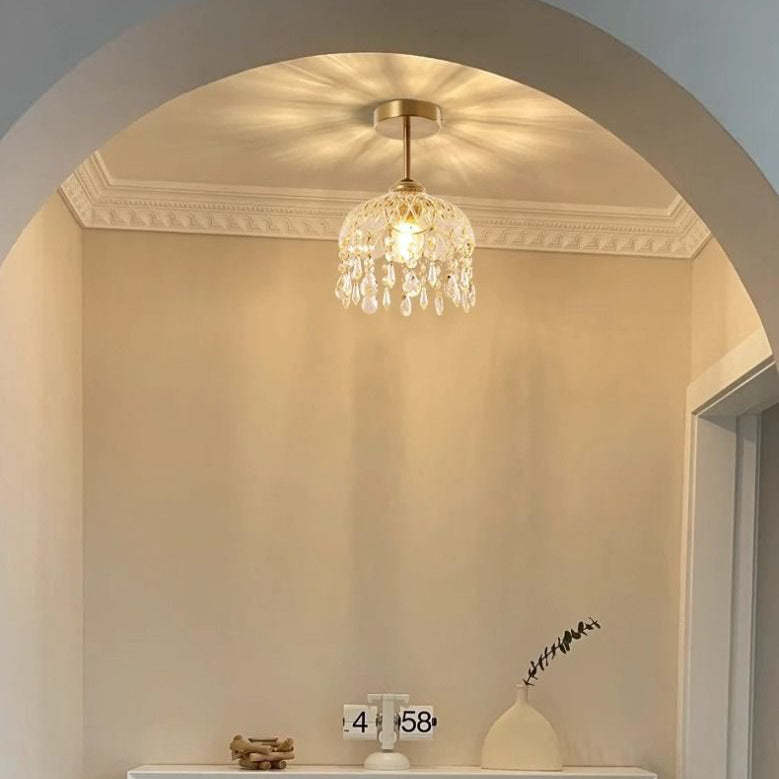 Traditional French Iron Crystal & Glass Dome Tassel 1-Light Semi-Flush Mount Ceiling Light For Hallway