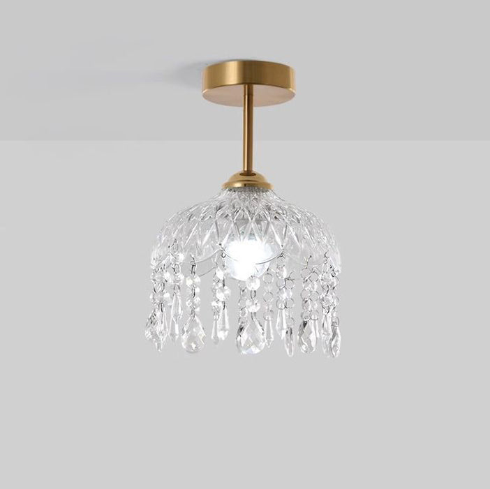 Traditional French Iron Crystal & Glass Dome Tassel 1-Light Semi-Flush Mount Ceiling Light For Hallway