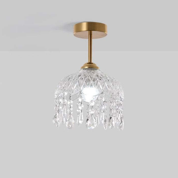Traditional French Iron Crystal & Glass Dome Tassel 1-Light Semi-Flush Mount Ceiling Light For Hallway