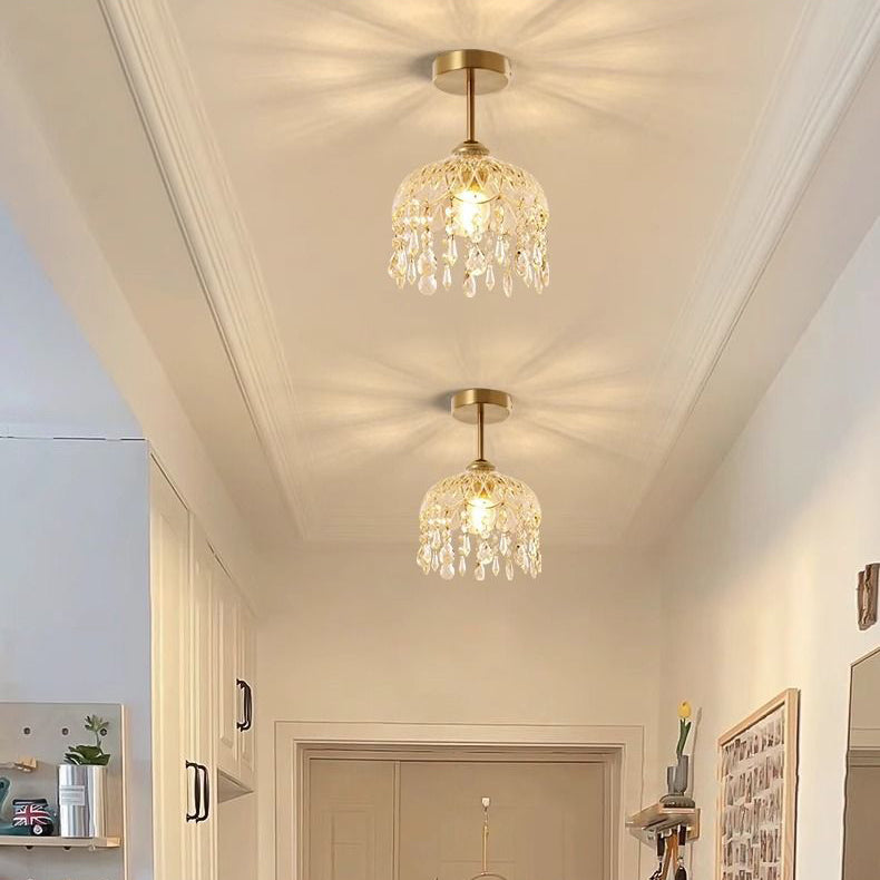 Traditional French Iron Crystal & Glass Dome Tassel 1-Light Semi-Flush Mount Ceiling Light For Hallway