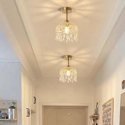 Traditional French Iron Crystal & Glass Dome Tassel 1-Light Semi-Flush Mount Ceiling Light For Hallway