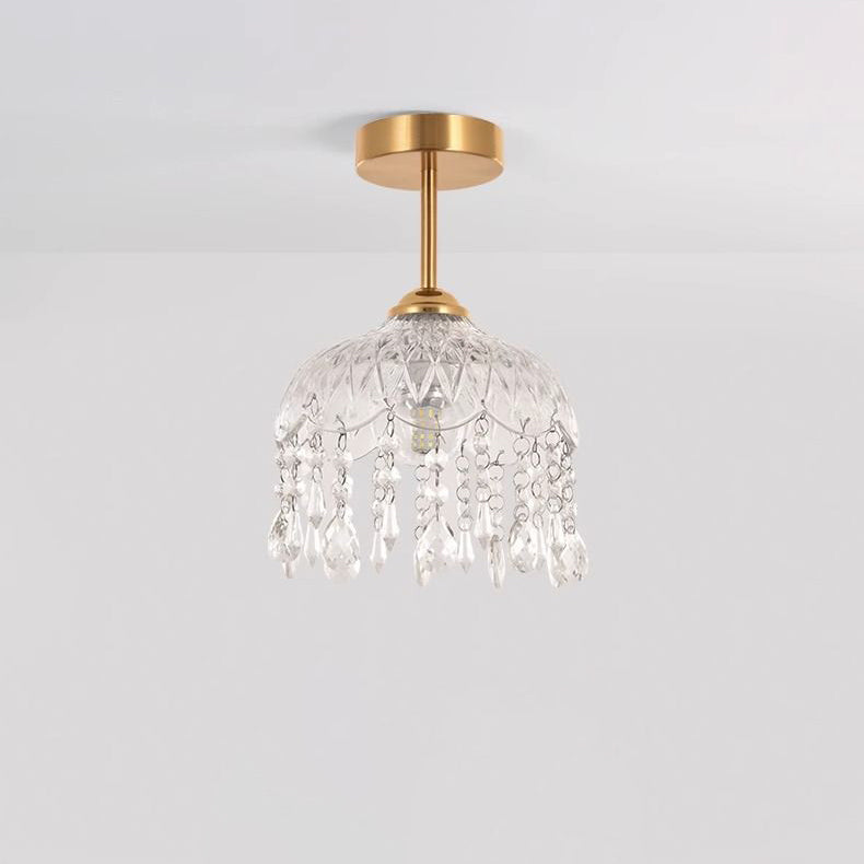 Traditional French Iron Crystal & Glass Dome Tassel 1-Light Semi-Flush Mount Ceiling Light For Hallway
