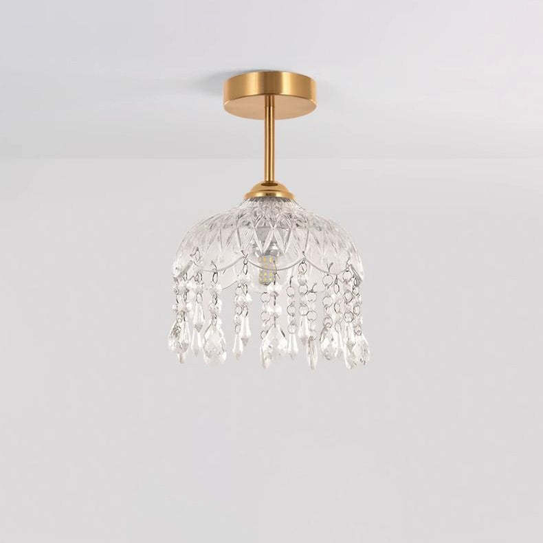 Traditional French Iron Crystal & Glass Dome Tassel 1-Light Semi-Flush Mount Ceiling Light For Hallway