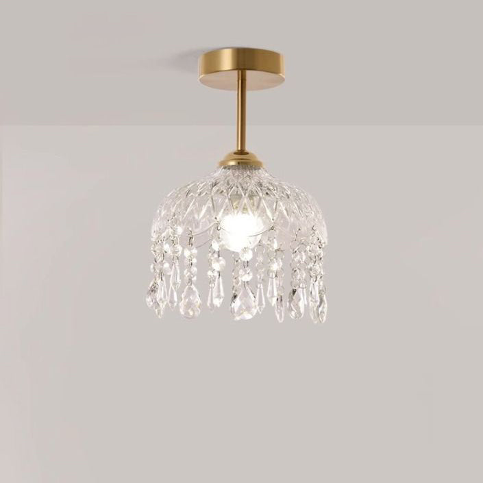 Traditional French Iron Crystal & Glass Dome Tassel 1-Light Semi-Flush Mount Ceiling Light For Hallway